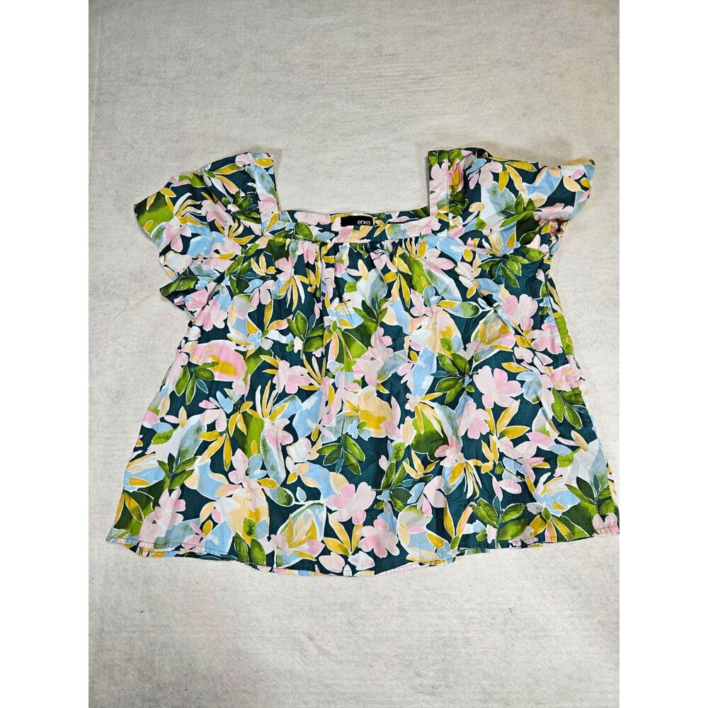 Erika XL Women's Blouse Cotton Blend Tropical Print Square Neck Baby Doll